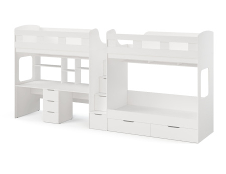 Кровать 3-х ярусная Квартет + стол для 2 детей (велюр + белый)