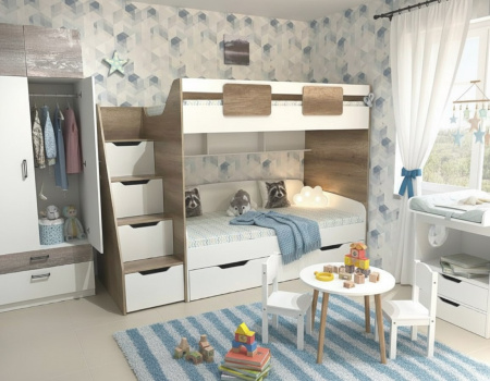 Кровать-чердак Мозаика-2 + кровать Двушка (цвет белый) 190х90 от Династия Kids