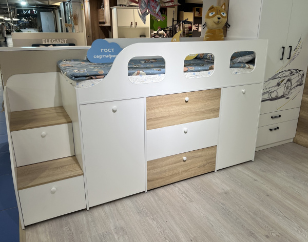 Кровать-чердак Хэппи 180х80 (дуб каньон+белый)  от Династия Kids