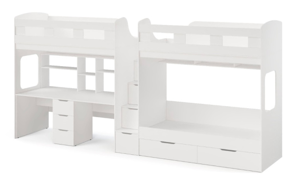 Кровать 3-х ярусная Квартет + стол для 2 детей (цвет белый)