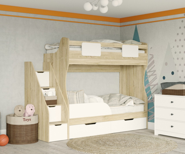 Кровать двухъярусная Дуэт 180х80 (корпус дуб сонома + фасады белые)  от Династия Kids