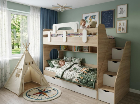 Кровать двухъярусная Фортуна 200х90 (дуб сонома+белый)  от Династия Kids