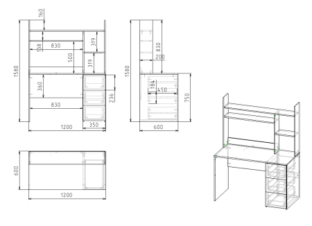 Стол письменный Практик 1200 мм (белый). Левый/правый от Династия Kids